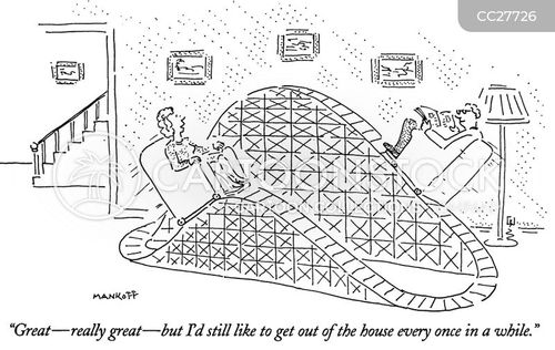 interiors cartoon with entertainment and the caption "Great - really great - but I'd still like to get out of the house every once in a while." by Bob Mankoff