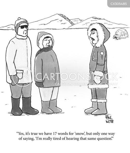 tourist cartoon with snow and the caption "Yes, it's true we have 17 words for 'snow', but only one way of saying, 'I'm really tired of hearing that same questions.'" by Phil Witte