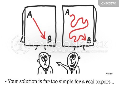 critical thinking cartoon with expert and the caption "Your solution is far too simple for a real expert..." by Paul Maximilian Bisca