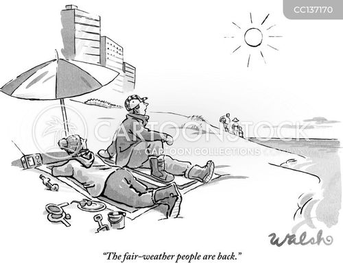 beach vacation cartoon with fair weather and the caption "The fair-weather people are back." by Liam Walsh