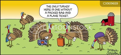travel guide cartoon with farm and the caption "The only turkey here is one without a packed bag and a plane ticket." by Maria Scrivan