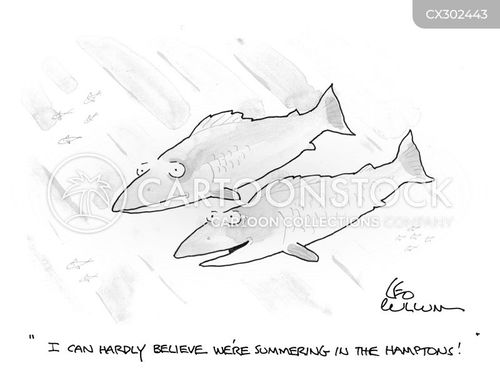 beach vacation cartoon with fish and the caption "I can hardly believe we're summering in the Hamptons!" by Leo Cullum
