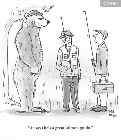 tourism cartoon with fish and the caption "He says he's a great salmon guide." by Phil Witte