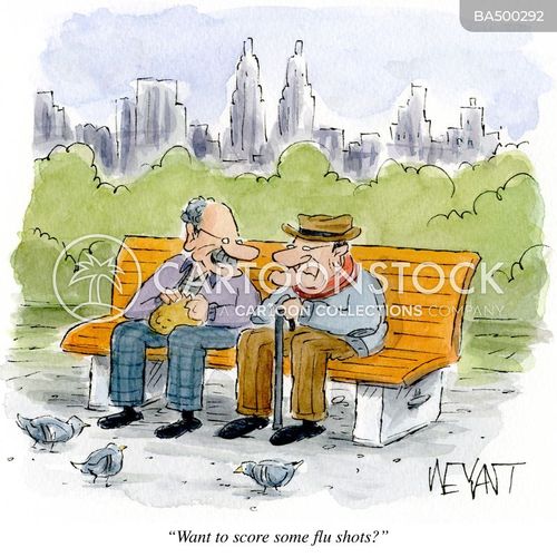 elderly cartoon with flu shot and the caption "Want to score some flu shots.?" by Christopher Weyant