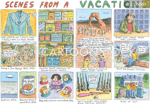 travel guide cartoon with four corners and the caption Scenes from a Vacation by Roz Chast