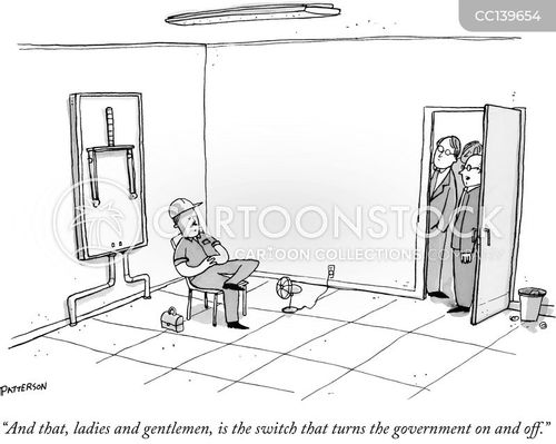 political science cartoon with government and the caption "And that, ladies and gentlemen, is the switch that turns the government on and off." by Jason Patterson