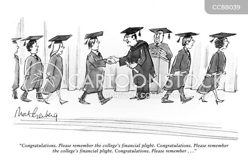 graduation cartoon with graduations and the caption "Congratulations. Please remember the college's financial plight. Congratulations. Please remember the college's financial plight. Congratulations. Please remember . . ." by Mort Gerberg