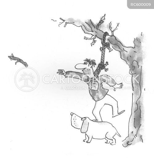 hang cartoon with hangs and the caption A man throws a stick for a dog to hang himself. by Arnie Levin
