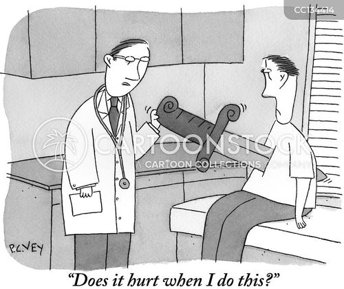 anesthesia cartoon with hospital and the caption "Does it hurt when I do this?" by P. C. Vey