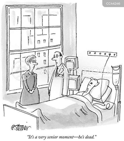 hospital cartoon with hospitals and the caption "It's a very senior moment—he's dead." by Peter Steiner