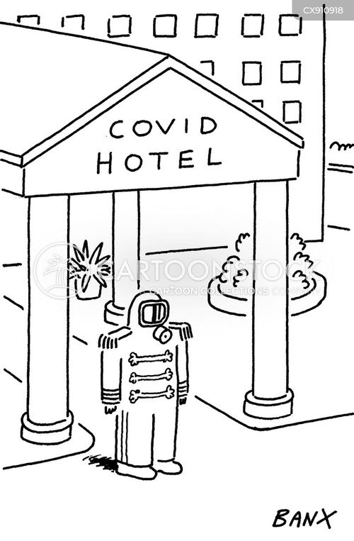 international travel cartoon with hotel and the caption Covid Hotel by Jeremy Banx