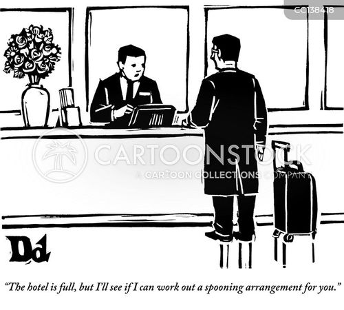 hotel cartoon with hotels and the caption "The hotel is full, but I'll see if I can work out a spooning arrangement for you." by Drew Dernavich