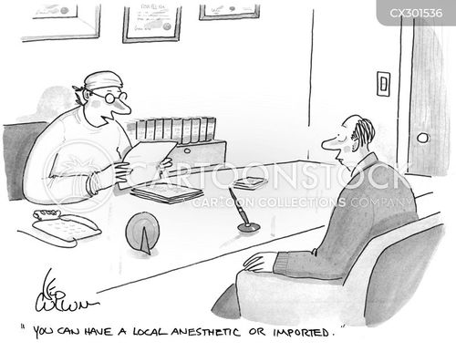 anesthesia cartoon with surgery and the caption "You can have a local anesthetic or imported." by Leo Cullum