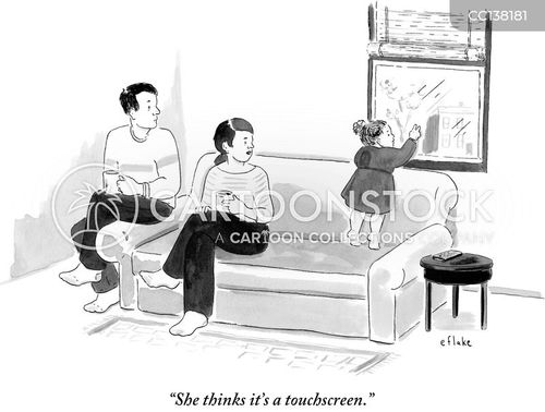 kid cartoon with kids and the caption "She thinks it's a touchscreen." by Emily Flake
