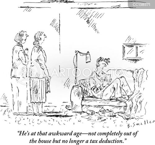 kid cartoon with kids and the caption "He's at that awkward age - not completely out of the house but no longer a tax deduction." by Barbara Smaller