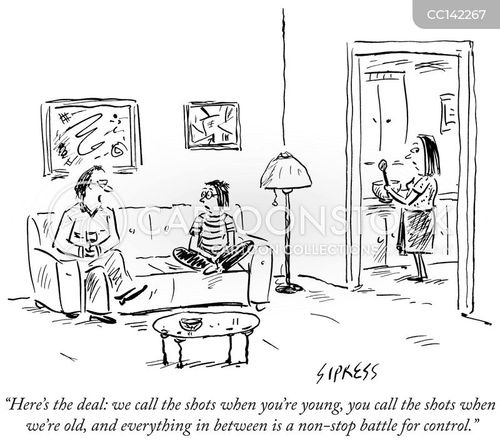 kid cartoon with kids and the caption "Here's the deal: we call the shots when your're young, you call the shots when we're old, and everything in between is a non-stop battle for control." by David Sipress
