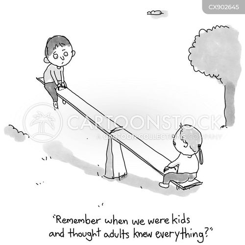 kid cartoon with kids and the caption "Remember when we were kids and thought adults knew everything?" by Steinberg, Avi