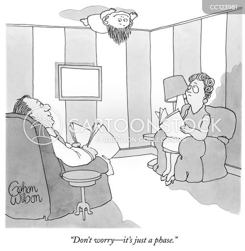 kid cartoon with kids and the caption "Don't worry—it's just a phase." by Gahan Wilson