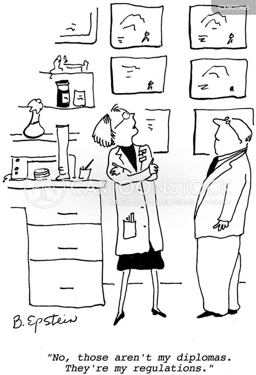 scientific research cartoon with lab and the caption "No, those aren't my diplomas. They're my regulations." by Benita Epstein