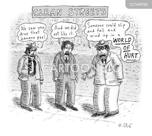 slip and fall cartoon with clean streets and the caption Clean streets by Roz Chast