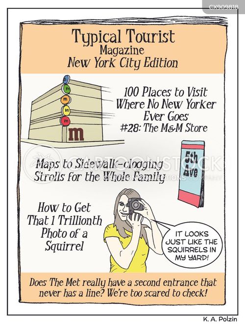 tour guide cartoon with magazine and the caption Typical Tourist Magazine: New York City Edition by K. A. Polzin
