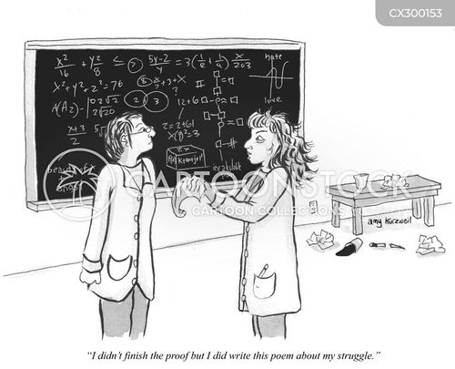 academic writing cartoon with math and the caption "I didn't finish the proof but I did write this poem about my struggle." by Amy Kurzweil