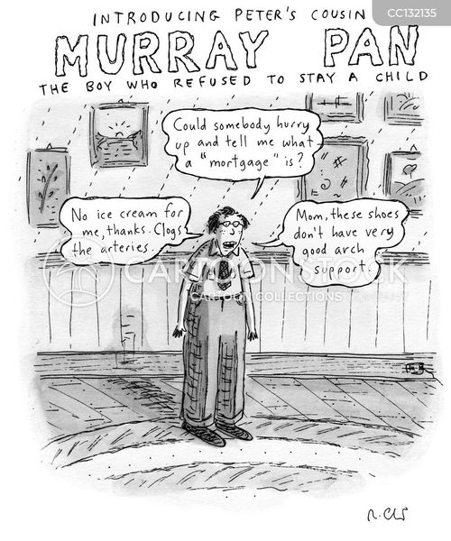 boys will be boys cartoon with maturing and the caption Introducing Peter's Cousin - Murray Pan - The Boy Who Refused To Stay A Child by Roz Chast