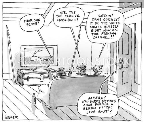 sailboat cartoon with moby dick and the caption "Aye, 'tis the elusive Moby Dick!" by Jack Ziegler