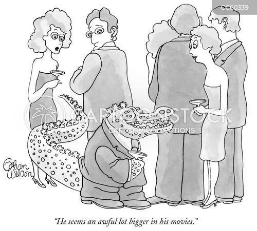 movies cartoon with movie and the caption "He seems an awful lot bigger in his movies." by Gahan Wilson