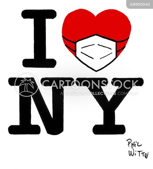 tourism cartoon with new york and the caption I love NY with surgical mask by Phil Witte