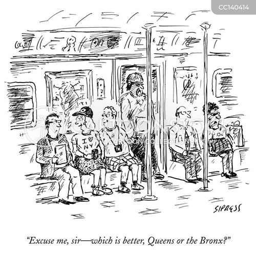 travel guide cartoon with new york and the caption "Excuse me, sir - which is better, Queens or the Bronx?" by David Sipress