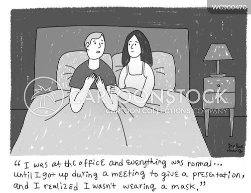 business presentation cartoon with nightmare and the caption "I was at the office and everything was normal... until I got up during the meeting to give a presentation and I realized I wasn't wearing a mask!" by Yinfan Huang