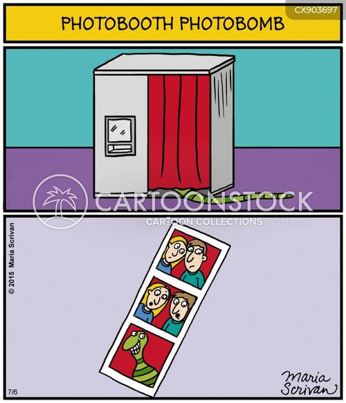 photobooth cartoon with photobooths and the caption Photobooth Photobomb by Maria Scrivan
