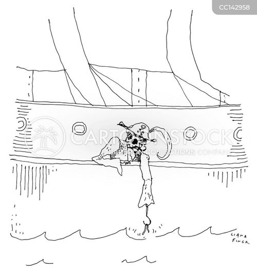 boat cartoon with pirate and the caption A pirate fishes using his hook. by Liana Finck