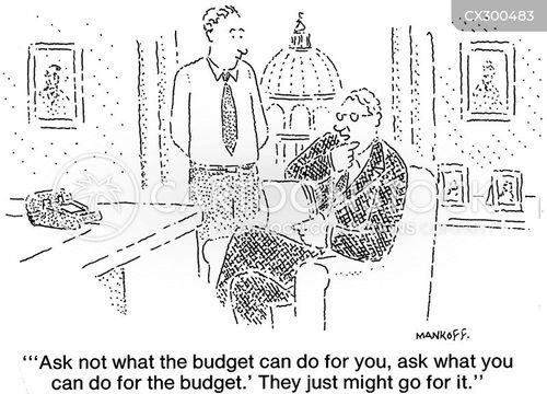 speech cartoon with politics and the caption "'Ask not what the budget can do for you, ask what you can do for the budget.' They just might go for it." by Bob Mankoff