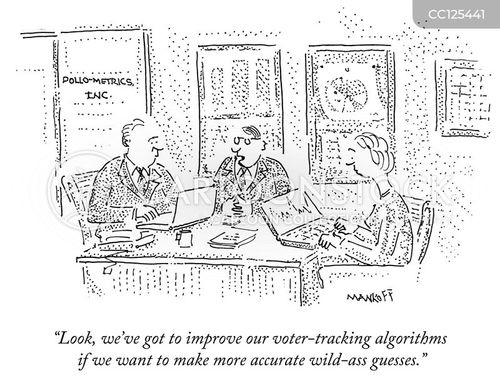 political science cartoon with executives and the caption "Look, we've got to improve our voter-tracking algorithms if we want to make more accurate wild-ass guesses." by Bob Mankoff