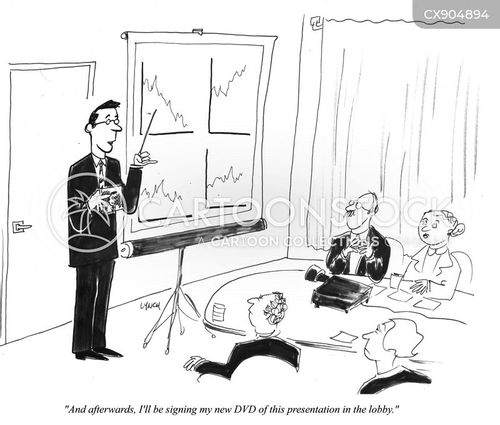 business presentation cartoon with presentation and the caption "And afterwards, I'll be signing my new DVD of this presentation in the lobby." by Mike Lynch