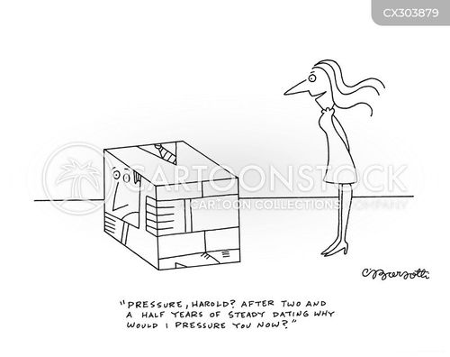 pressure cartoon with pressures and the caption "Pressure, Harold? After two and a half years of steady dating, why would I pressure you now?" by Charles Barsotti