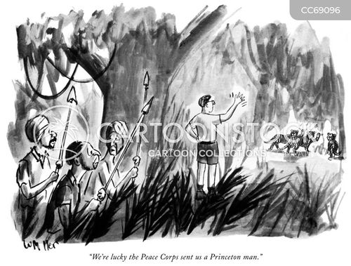 princeton cartoon with princeton tiger and the caption "We're lucky the Peace Corps sent us a Princeton man." by Warren Miller
