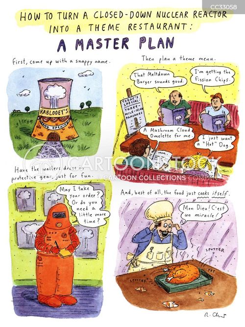 reactor cartoon with reactors and the caption How To Turn A Closed-Down Nuclear Reactor Into A Theme Restaurant: A Master Plan. by Roz Chast
