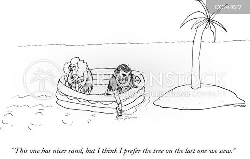 beach vacation cartoon with real estate and the caption "This one has nicer sand, but I think I prefer the tree on the last one we saw." by Ed Steed