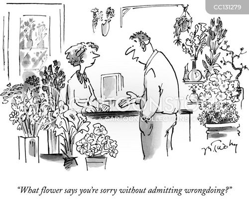 feeling guilty cartoon with relationship and the caption "What flower says you're sorry without admitting wrongdoing?" by Mike Twohy