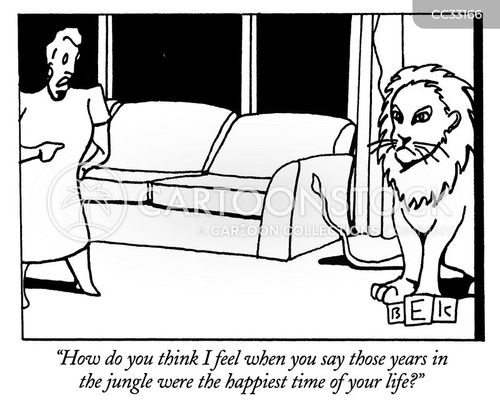 african safari cartoon with relationship and the caption "How do you think I feel when you say those years in the jungle were the happiest time of your life." by Bruce Kaplan