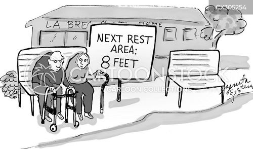 senior citizen cartoon with rest and the caption Next rest area 8 feet by Benita Epstein