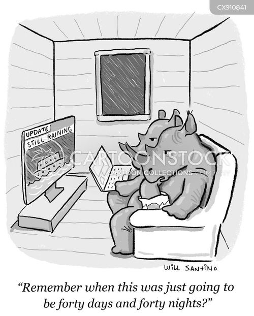 weather forecast cartoon with rhino and the caption "Remember when this was just going to be forty days and forty nights?" by Will Santino