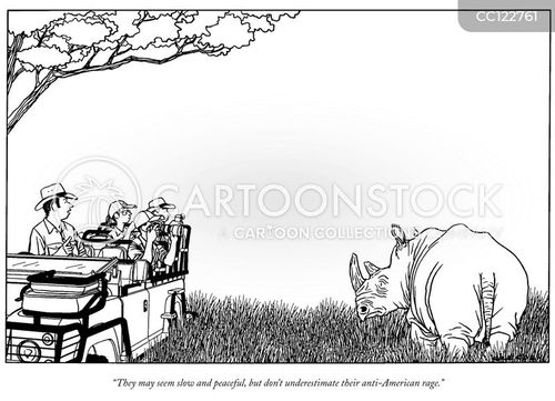 rhino cartoon with rhinos and the caption "They may seem slow and peaceful, but don't underestimate their anti-American rage." by Alex Gregory