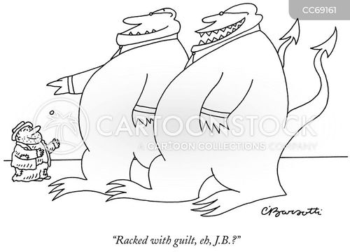 feeling guilty cartoon with rich person and the caption "Racked with guilt, eh, J.B.?" by Charles Barsotti