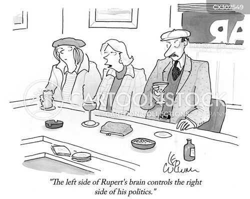 political science cartoon with left brain and the caption "The left side of Rupert's brain controls the right side of his politics." by Leo Cullum