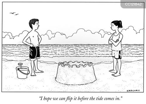 beach cartoon with sand and the caption "I hope we can flip it before the tide comes in." by Alex Gregory