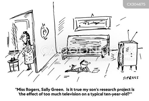 education cartoon with school and the caption "Miss Rogers, Sally Green. Is it true my son's research project is 'the effect of too much television on a typical ten-year-old?'" by David Sipress